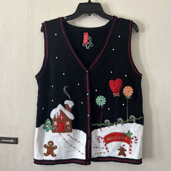 Hansel & Gretel Stylish Xmas Christmas Sweater Vest Medium 8-10 Gingerbread Hous - Picture 1 of 12